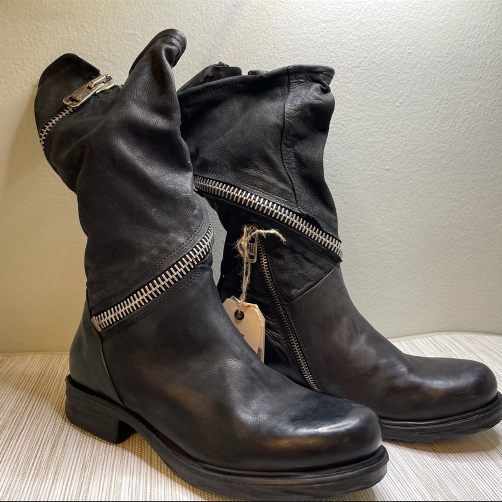 A.S.98 Black Leather Mid-Calf Moto Boots with Silver Zippers - Picture 8 of 16